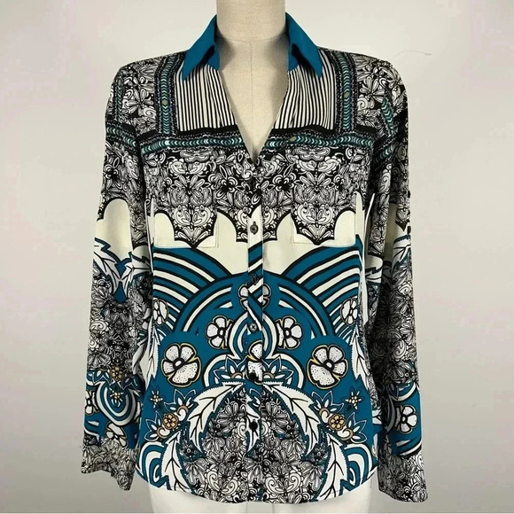❤️ Express Portofino Blouse Teal Black Roll Tab Sleeves Floral Stripes XS - Picture 2 of 11